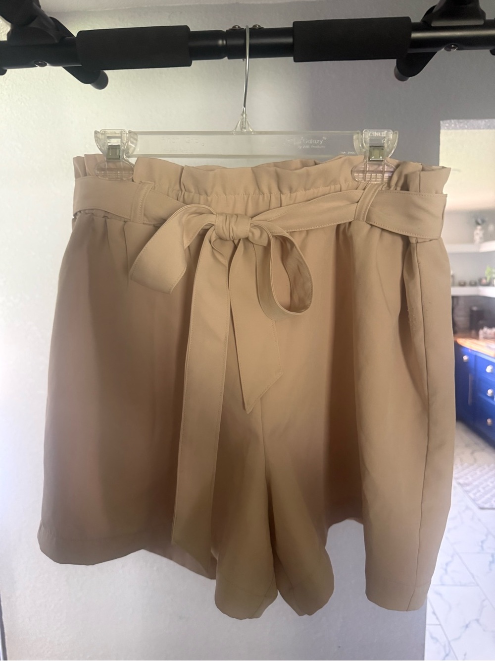 High-Waist Paperbag Tie Shorts — Beige